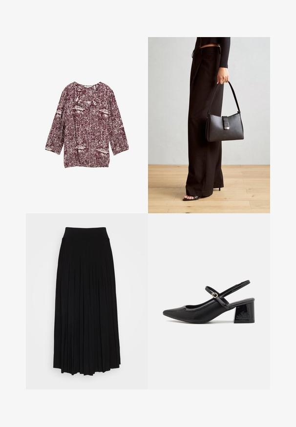 Blusa borgogna con un motivo testurizzato in tonalità crema, con scollatura rotonda e maniche a tre quarti. Ideale per un look casual.; Gonna nera plissettata con vita alta e elastica. Realizzata in tessuto morbido, presenta plissettature verticali per una silhouette fluida.; Décolleté in vernice nera con cinturino dietro, punta affusolata, design con ritagli arrotondati e tacco a blocco. Presenta un accento di fibbia tono oro.; Borsa nera con forma strutturata, texture liscia e una chiusura metallica. Abbinata a pantaloni neri larghi e sandali open-toe su un pavimento in legno.
