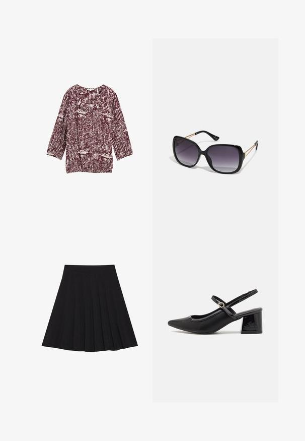 Bordeauxbluse med et tekstureret mønster i crème nuancer, med rund halsudskæring og trekvartærmer. Ideel til afslappet brug.; Sort plisseret nederdel lavet af struktureret stof med en tætsiddende talje. Faldende til knæ længde og har en glat, ren silhuet.; Sorte patentlæder slingback hæle med spids tå, rund udskæring og blokhæl. Har en guldtonet spændeaccents.; Sorte oversized solbriller med gradientlinser, tykke stel og guldfarvet kæde detaljer på tempelarmene.; Sort håndtaske med struktureret form, glat overflade og metalspænde. Sammen med brede sorte bukser og sandaler med åben tå på trægulv.