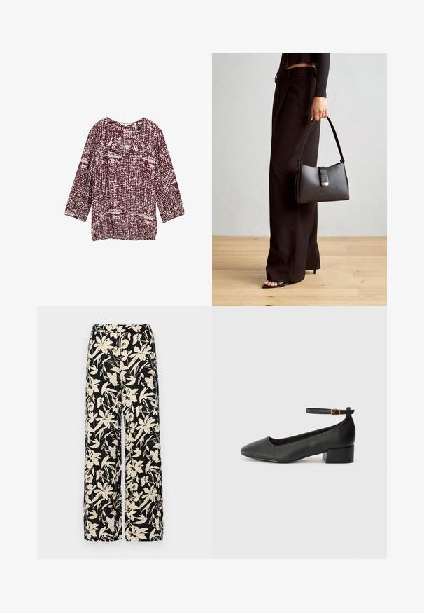 Bordeauxfarbene Bluse mit einem strukturierten Muster in Cremetönen, ausgestattet mit einem runden Halsausschnitt und drei Viertelärmeln. Ideal für die Freizeit.; Schwarzes Kurzarmoberteil aus glattem Material, mit einem Peplum-Design und einem taillierten Bund, der mit zwei runden, silberfarbenen Knöpfen ausgestattet ist.; Schwarze weit geschnittene Hose mit einem cremefarbenen Blumenmuster. Hergestellt aus leichtem Stoff, mit einer glatten Textur und einem hohen Bund.; Schwarze Lederpumps mit spitzem Zehenbereich und niedrigem Blockabsatz. Mit einem Knöchelriemen und einer goldfarbenen Schnalle. Glatte Textur.; Schwarze Handtasche mit strukturierter Form, glatter Textur und einem metallischen Verschluss. Kombiniert mit weiten schwarzen Hosen und offenen Sandalen auf einem Holzboden.