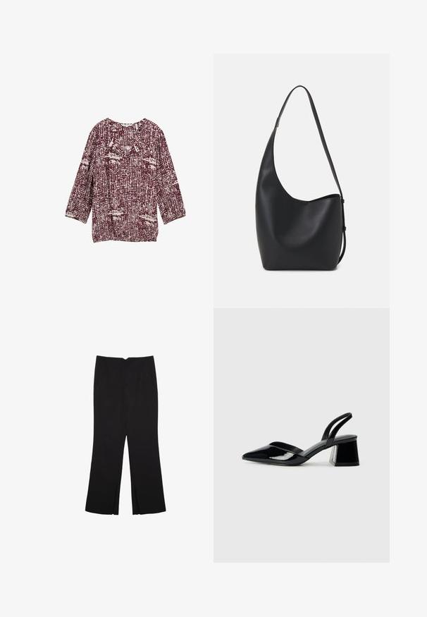 Blouse bordeaux avec un motif texturé en tons crème, dotée d'un col rond et de manches trois-quarts. Idéale pour un look décontracté.; Pantalon noir avec une coupe droite, doté de poches avant et d'éclairs sur l'ourlet. Fabriqué en tissu doux et lisse. Convient à diverses occasions.; Escarpins en cuir verni noir avec bout pointu et talon bloc géométrique. Présente un design élégant et minimaliste ainsi qu'une texture lisse.; Sac hobo en cuir noir avec une texture lisse, une forme incurvée et une seule sangle réglable ; dispose d'une large ouverture en haut.