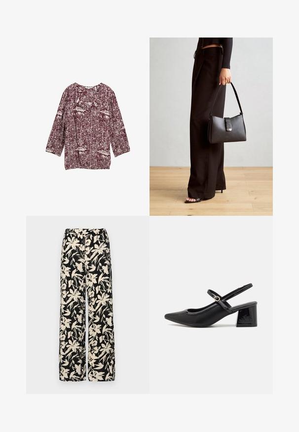 Bordová blůza s texturovaným vzorem v krémových tónech, se zaobleným výstřihem a třičtvrtinovými rukávy. Ideální pro každodenní nošení.; Černé kalhoty s širokými nohavicemi a krémovým květinovým vzorem. Vyrobené z lehké tkaniny, s hladkým povrchem a vysokým pasem.; Černé lakované lodičky s otevřenou patou, špičatou špičkou, zaobleným střihem a blokovým podpatkem. Zdobené akcentem v zlatém tónu.; Černá kabelka se strukturovaným tvarem, hladkým povrchem a kovovým uzávěrem. Kombinována s širokými černými kalhotami a sandály s otevřenou špičkou na dřevěné podlaze.