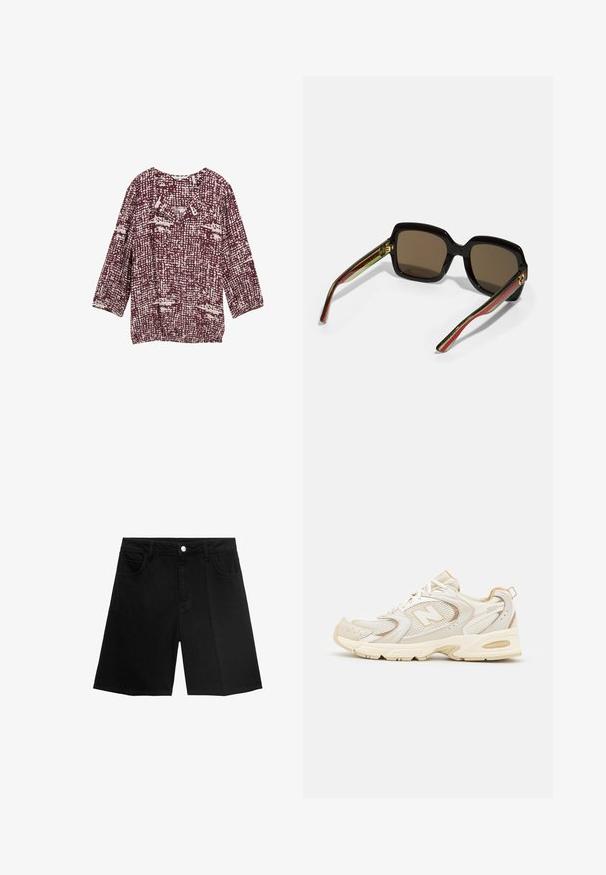 Bordeauxbluse med et tekstureret mønster i crème nuancer, med rund halsudskæring og trekvartærmer. Ideel til afslappet brug.; Sorte denim shorts med lige snit, fem lommer og sølvfarvet knaplukning. Glat tekstur med minimal syning.; Beige atletik sko med mesh og syntetiske overlejringer, med en tekstureret overflade, polstret krave og "ABZORB" dæmpning ved hælen.; Sorte oversized solbriller med brune linser. Har unikke stribede arme i grøn og rød samt guld hardware-detaljer. Fyrkantet form.; Sort læder bucket bag med snørelukning, der har et glosseret "CK" logo foran og hardware accenter i guld-tone.