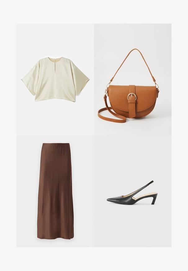 Beige oversized bluse med rund halslinning, korte vide ermer og en splitt i midten foran. Glatt, lett blankt stoff med løs passform.; Brun sateng midi-skjørt med en jevn tekstur, med en rett passform og uten synlige mønstre eller dekorasjoner. Enkelt og elegant design.; Svart spiss tå slingback-sko med lav hæl, laget av jevnt skinnmateriale og med utskåret design på siden for pusteevne.; Brun lærcrossbody-veske med en buet form, gullhardware og et spenneakcent. Har en avtakbar skulderreim.