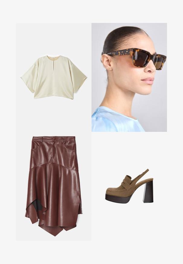 Blusa oversize beige con scollatura rotonda, maniche corte e larghe, e spacco centrale anteriore. Tessuto liscio, leggermente lucido, con una vestibilità ampia.; Gonna in ecopelle marrone con orlo asimmetrico e svasato, dotata di due tasche frontali e una texture liscia e lucida.; Décolleté in camoscio marrone con plateau, dotate di un tacco a blocco spesso e rigato e una larga fascia sulla parte superiore, con una punta arrotondata.; Occhiali da sole tartarugati con una montatura spessa e rettangolare. Lenti scure e dettagli in tonalità oro sulle tempie. Finitura liscia e lucida.; Clutch bianco con texture e design arricciato, dotato di una tracolla in catena dorata. Finitura liscia con leggere ondulazioni e bordi arrotondati.