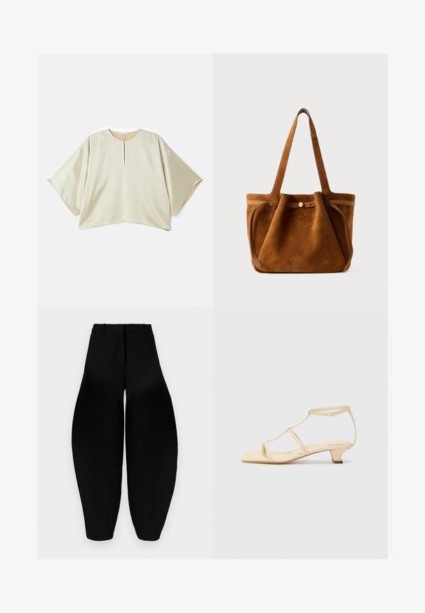 Beige oversized blouse with a round neckline, short wide sleeves, and a front center slit. Smooth, slightly shiny fabric with a loose fit.; Black wide-leg trousers with a high waist, pleated front, and tapered ankles. Made from smooth fabric with a matte finish.; Beige heeled sandals with a T-strap design, square toe, adjustable ankle strap, and a low, block heel. Smooth leather material.; Brown suede tote bag with dual handles, a button closure strap, and a relaxed, slightly slouchy shape.