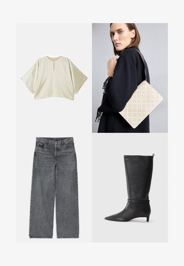 Beige, oversized Bluse mit einem runden Ausschnitt, kurzen, weiten Ärmeln und einem zentralen Schlitz vorne. Glattes, leicht glänzendes Material mit lockerer Passform.; Weite Jeans in dunkelgrauem Denim. Verfügt über eine hohe Taille, ein Fünf-Taschen-Design und einen Frontknopfverschluss. Glatte Textur mit subtilen Auswaschungen.; Schwarze Lederkniehohe Stiefel mit spitzem Zehen, akzentuiert durch einen runden Riemen um das Knöchel und einen niedrigen, tapernden Absatz. Glatte Textur.; Beige gemusterte Schultertasche mit einer strukturierten Form, ausgestattet mit einem braunen strukturierten Tragegurt. Auf einem Model vor einem grauen Hintergrund getragen.