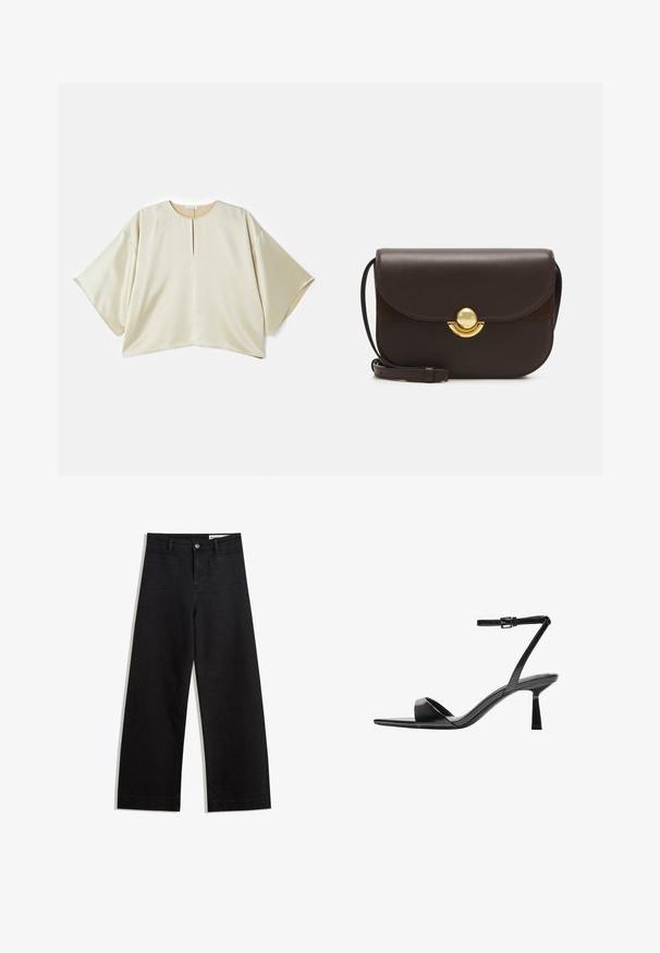 Blusa oversize beige con scollatura rotonda, maniche corte e larghe, e spacco centrale anteriore. Tessuto liscio, leggermente lucido, con una vestibilità ampia.; Pantaloni in denim neri a gamba larga con vita alta, dotati di tasche anteriori e posteriori, cuciture a punto, e chiusura con bottone. Texture liscia.; Bershka Sandali con tacco - black; Furla SFERA ROUND - Borsa a tracolla - cioccolato