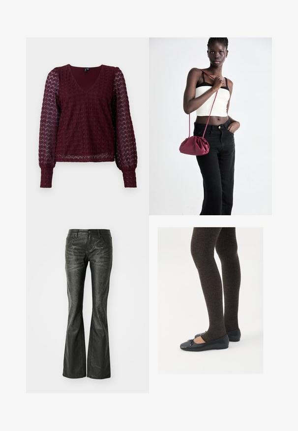 Bordowa bluzka z długim rękawem, koronki, z dekoltem w kształcie litery V, z bufiastymi przezroczystymi rękawami oraz teksturowanym geometrycznym wzorem na korpusie i rękawach.; Czarne, sztuczne skórzane spodnie o rozszerzanym kroju z przednimi kieszeniami, metalowym zapięciem na guzik oraz lekko fakturowaną powierzchnią. Prosty krój nogawek z długim cięciem.; Czarne płaskie buty z małym kokardkowym detalem na palcach, zestawione z ciemnobrązowymi rajstopami w prążki. Buty mają gładką teksturę i niski profil.; Burgundowa torba na ramię z miękkiego materiału, z marszczonym wzorem i długim paskiem, noszona na krzyż. Modelka nosi białą bluzkę crop top i czarne dżinsy.