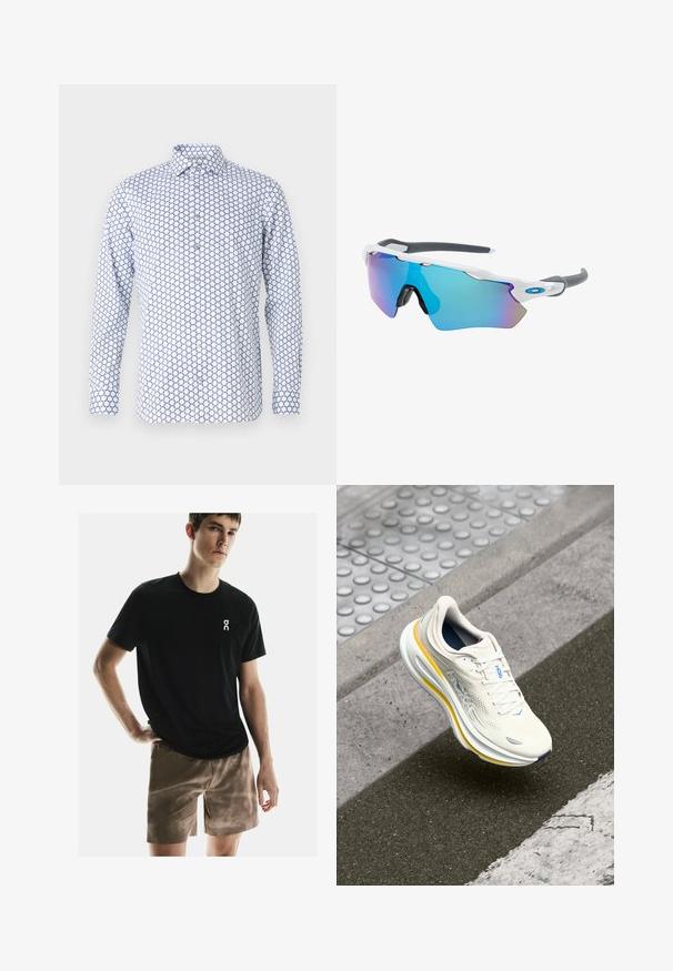 Balta ilgo rankovėmis marškiniai su geometriniu šešiakampiu raštu tamsiai mėlyna spalva. Yra smailas apykaklė, priekiniai mygtukai ir glotni medvilnės tekstūra.; On PERFORMANCE AOP - Sportiniai šortai - cinder; Baltos ir geltonos HOKA sportbačiai kabo virš tekstūruoto šaligatvio ir kelio borto prie pėsčiųjų pereigos.; Akiniai nuo saulės su balta rėmeliu, pilkų akcentų ir mėlynais veidrodiniais objektyvais. Sportiškas dizainas, aplink galvą prilipusios formos ir reguliuojamos nosies pagalvėlės.