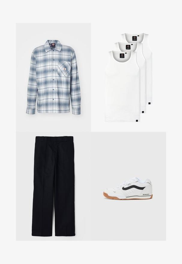 Cămașă cu carouri albastre și albe, cu guler, mâneci lungi, un buzunar pe piept și o etichetă cu logo aproape de buzunar. Material din bumbac.; Trei maieuri albe ribbate din bumbac. Au un guler rotund și etichete negre mici lângă tiv. Disponibile în mai multe mărimi.; Pantaloni negri dintr-un material neted, cu un design cu picior drept, buzunare laterale și un brâu clasic cu bucle pentru curea.; Adidași albi cu accente negre, suprafață texturată, talpă din cauciuc și detalii perforate. Prezintă șireturi rotunde și un logo pe lateral.