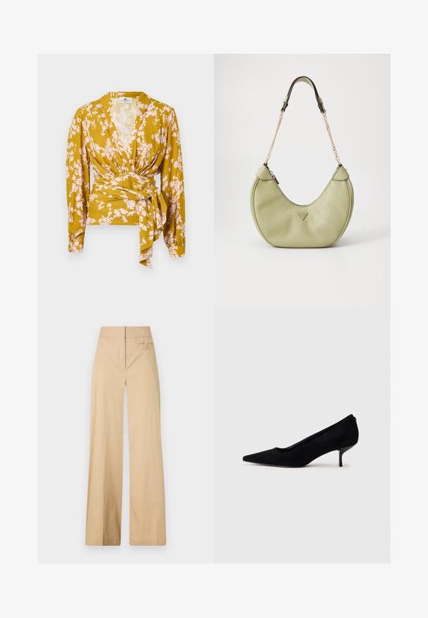 Blumenmuster-Wickelbluse in Senfgelb mit rosa Blütenmustern, langen Ärmeln und einer Bindungsdetail in der Taille. Glatte Stoffstruktur.; Beige weite Hosen aus Baumwollmischgewebe. Sie haben eine glatte Textur, einen elastischen Bund und eine seitliche Knopfdetail.; Schwarzer Wildleder-High-Heel-Schuh mit spitzem Zeh und slim, niedrigem Absatz. Glatte Textur mit elegantem Design, ohne sichtbare Beschläge.; Grüne Lederhandtasche mit einer markanten gebogenen Form, goldener Logo-Akzent, Reißverschluss und einer Kettenriemen. Strukturiertes Oberflächenmuster.