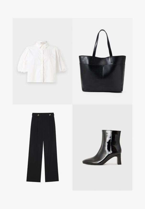 White collared shirt with short puff sleeves, button-down front, and smooth fabric texture. Straight hem with no visible patterns or accents.; Black wide-leg trousers with high waist, button details on waistband, and front pleats.; Black patent leather ankle boot with a pointed toe and a mid-height block heel. Smooth texture and minimalist design.; Black leather tote bag with two long handles, a smooth texture, and a structured shape. Features a front pocket for additional storage.