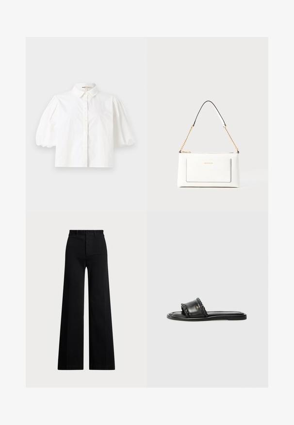Hvid skjorte med korte puffærmer, knappet fortil og en glat stoftekstur. Lige kant uden synlige mønstre eller accenter.; Sorte vide bukser lavet af vævet stof, med høj talje, frontlukning med knap og sidelommer. Glat tekstur med rene linjer.; Sort lædersandal med et vævet stropdetalje, flad sål og et elegant design. Glat tekstur og minimalistisk profil.; Hvid lædertaske med tekstureret overflade, med en guldkædetras og sorte detaljer. Indeholder en frontlomme og lynlås lukning.