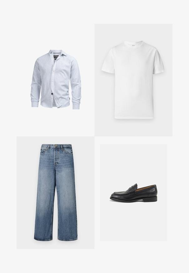 Camisa blanca de manga larga con rayas verticales azul claro, con botones en el frente y textura suave. Cuenta con un cuello entallado y mangas con puños.; Camiseta blanca de manga corta, hecha de algodón suave. Presenta un cuello redondo y un dobladillo recto con un detalle mínimo.; Jeans de denim azul de pierna ancha con un lavado descolorido, diseño de cinco bolsillos y cierre de botón. Equipados con trabillas y detalles de costura.; Mocasines de cuero negro con un acabado suave, punta redondeada y costuras decorativas en la parte superior. Tacón bajo apilado y un ligero brillo.