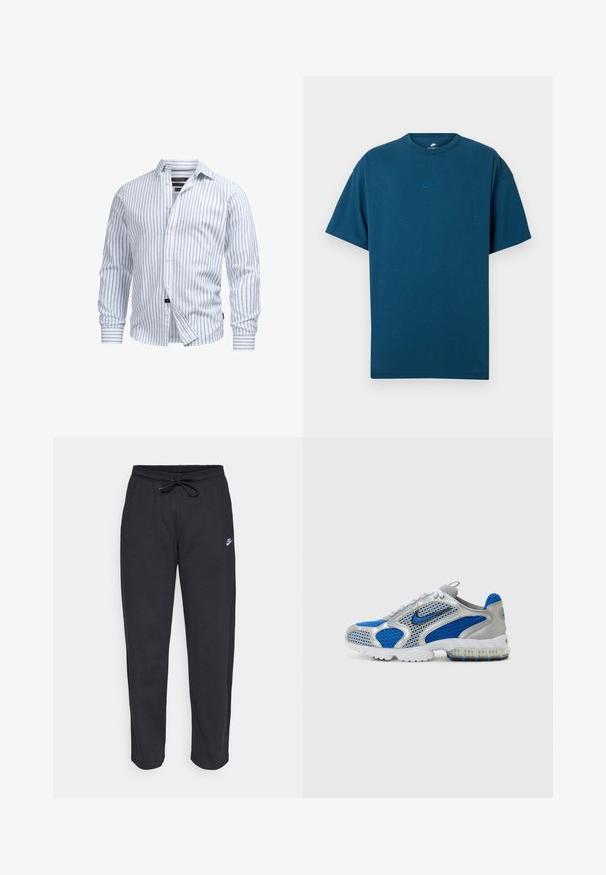 Witte lange mouwen overhemd met lichtblauwe verticale strepen, knoopsluiting aan de voorkant en een zachte textuur. Heeft een op maat gemaakte kraag en manchetten.; Blauwe katoenen T-shirt met korte mouwen, een ronde halslijn en een klein, lichtblauw Nike-logo op de borst. Zachte textuur, ontspannen fit.; Zwarte sweatpants van zacht stof met een elastische tailleband, trekkoord en een klein Nike-logo op de linker bovenbeen.; Blauwe en zilveren sportschoenen met meshpanelen, een gevoerde kraag en een doorzichtige zool met blauwe accenten. Contrasterende veters maken het ontwerp af.