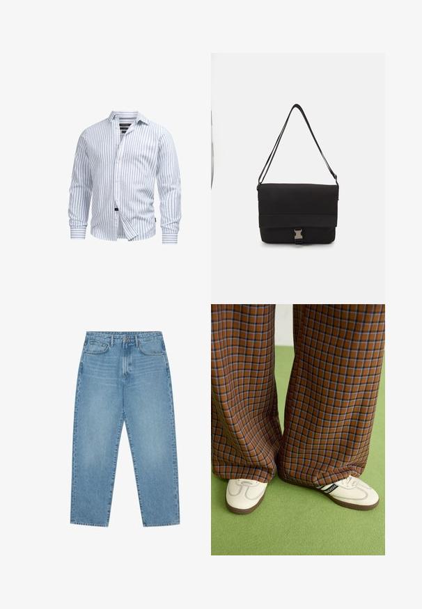 Weißes Langarmhemd mit hellblauen vertikalen Streifen, Knopfleiste vorne und weicher Textur. Verfügt über einen taillierten Kragen und geknöpfte Ärmel.; Hellblaue Jeans im weit geschnittenen Stil mit hoher Taille, ausgestattet mit fünf Taschen, Gürtelschlaufen und einer weichen, leicht verblassten Textur.; Braun und blaue Karohosen mit weitem Bein, kombiniert mit weißen Schuhen mit schwarzen Akzenten und strukturierten Sohlen, vor einem grünen Hintergrund.; Schwarze Umhängetasche aus glattem Material, mit einem umklappbaren Deckel, silbernem Verschluss und verstellbarem Schultergurt.