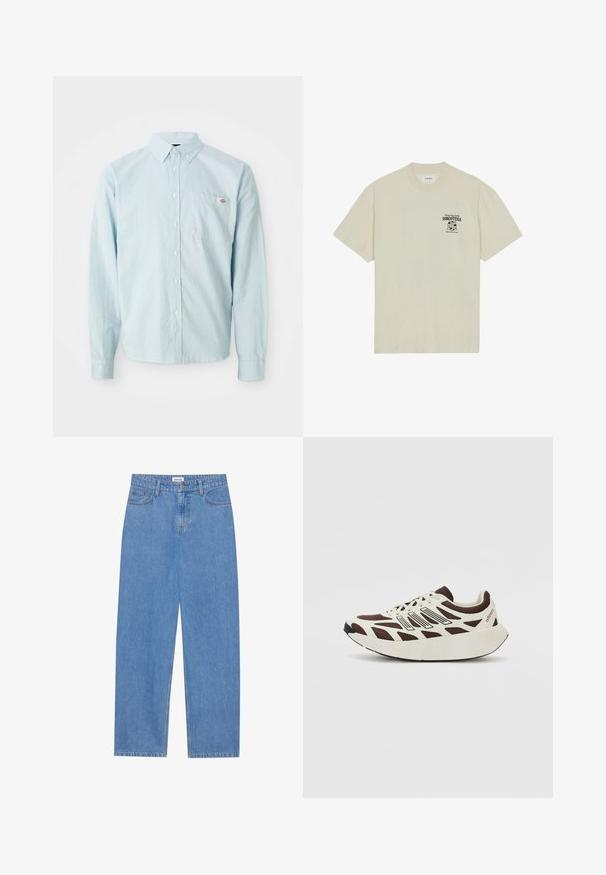 Šviesiai mėlyna ilgomis rankovėmis mygtukinė marškiniai su mygtukine apykakle ir krūtinės kišene, kuri turi mažą raudonai-baltą logotipo pleistrą.; Trumpas šviesiai rudas marškinėlis su trumpomis rankovėmis, pagamintas iš medvilnės, su juodu grafikiniu spaudiniu kairiajame krūtinės plote, kuriame yra tekstas ir žemėlapio dizainas.; Šviesiai mėlynos džinsinės kelnės su tiesiu kirpimu, penkių kišenių dizainu, vieno mygtuko užsegimu ir subtiliomis siuvimo detalėmis siūlėse.; Rudi ir kreminiai sportbačiai su tinklelio viršumi, tekstūruotais akcentais ir apvaliu, storu baltu pado. Įrengta žema liežuvėlio ir raištelių konstrukcija.