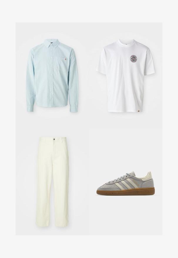 Vaaleansininen pitkähihoinen napinläpikangas, jossa on napitettava kaulus ja rintatasku, jossa on pieni punavalkoinen logo-ommel.; Valkoinen puuvillapaita, jossa on pyöreä logo rinnassa. Pyöreä kaula-aukko, lyhyet hihat, rento mitoitus, jossa on punaisia ja mustia yksityiskohtia.; Vaaleankeltaiset puuvillahousut suoralla lahkeella, joissa on edessä nappikiinnitys, vyölenkit ja siisti, minimalistinen muotoilu.; Harmaat mokka-tennarit, joissa on vaaleanharmaat nahkaviivat ja kumipohja. Ominaisuuksiin kuuluvat nauhakiinnitys ja huomaamaton brändäys kielen kohdalla.