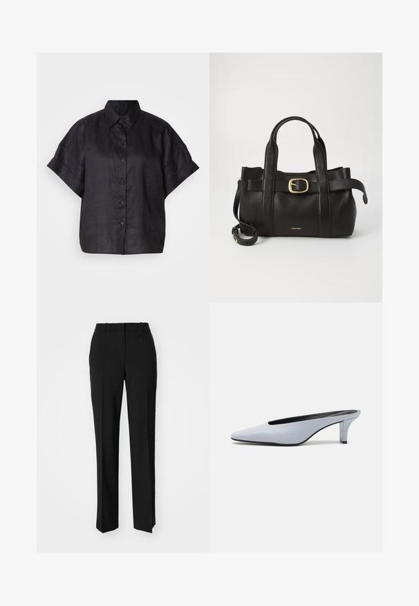 Svart linshorts-skjorte med krage, knappelukking foran, og en avslappet passform. Glatt tekstur med rullede ermhender.; Sorte skreddersydde bukser med rett silhuett, med en glatt tekstur og klare pressede bretter foran. Ingen synlig maskinvare.; Lys blå patentlær mule med spiss tå, lav gjennomsiktig hæl og en elegant design med utskjæring på vampen.; Svart lærveske med en strukturert design, doble topphåndtak, gullfarget spenneakent og preget merke-logo foran.