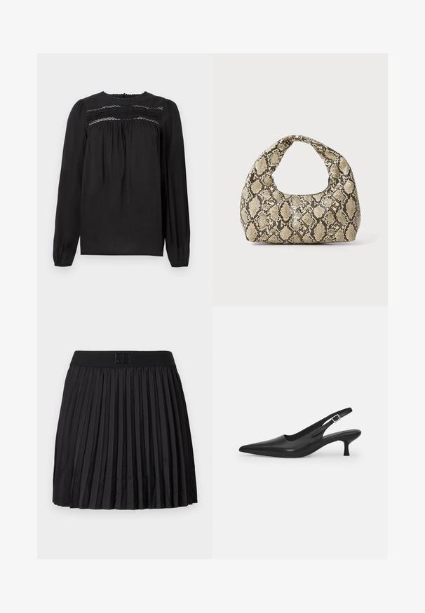 Juodas ilgomis rankovėmis palaidinė su apvaliu iškirpimu, turinti smulkintą detalę ir susiraukšlėjusius audinius krūtinėje ir rankovėse. Lygi tekstūra.; Juoda klostuota sijonas su glotnia tekstūra, turintis tvirtą juodą juosmenį ir iškilnų logotipo detalę priekyje.; Juodos odinės slingback bateliai su smailiu nosiu ir plonu, lenktu kulnu. Yra diskretiška reguliuojama juostelė su metaliniu sagtimi.; Gyvatės rašto rankinė su kreiviu rankenėle. Pagaminta iš tekstūruotų smėlio ir rudos spalvos medžiagų, su išskirtiniu rombo raštu.