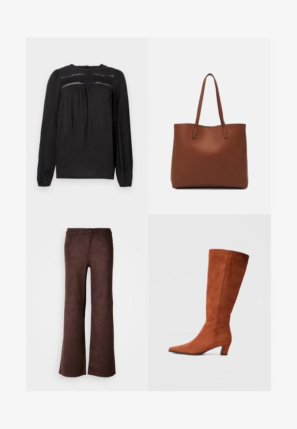Zwarte blouse met lange mouwen en ronde halslijn, voorzien van smockdetails en geplooide stof bij de buste en mouwen. Glad textuur.; Bruine flared pants van een zachte, suede-achtige stof. Beschikt over vier zakken, een knoopsluiting en een gladde, gestructureerde oppervlakte.; Bruine suède kniehoge laars met een spitse neus en een kleine blokhak, met een zachte textuur en een minimalistisch ontwerp.; Bruine leren tote bag met een gladde textuur, een ontwerp met een open bovenkant en twee schouderbanden. Kenmerkt zich door minimale stiksels en geen zichtbare hardware.