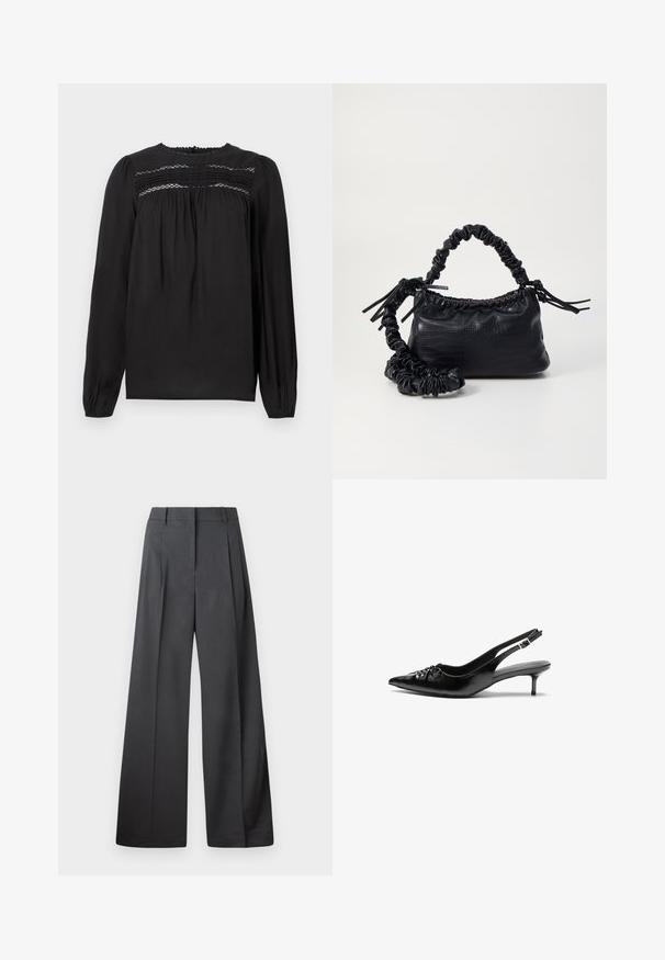 Blouse noire à manches longues avec un col rond, présentant des détails smockés et un tissu froncé au niveau de la poitrine et des manches. Texture lisse.; Pantalons à jambes larges en tissu gris foncé, avec une taille haute, des plis simples et une texture lisse avec une finition soignée aux ourlets.; Des escarpins en cuir noir à talon slingback, avec un bout pointu, un petit talon kitten et un détail de nœud décoratif à l'avant. Texture lisse sur toute la surface.; Sac à main en simili cuir noir avec une texture crocodile, un dessus resserré et une sangle froncée. A l'apparence douce et compacte.