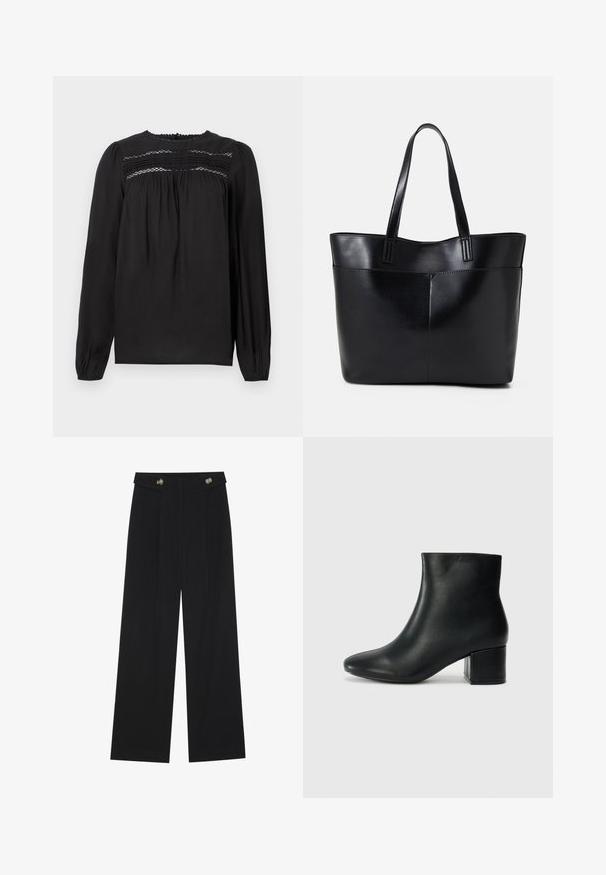 Zwarte blouse met lange mouwen en ronde halslijn, voorzien van smockdetails en geplooide stof bij de buste en mouwen. Glad textuur.; Zwarte wijde broek met hoge taille, knoopdetails op de tailleband en plooien aan de voorkant.; Zwarte leren enkellaarzen met een spitse neus en een chunky hak. Gladde textuur met minimale accenten en een slank, strakk ontwerp.; Zwarte leren tote bag met twee lange handvatten, een zachte textuur en een gestructureerde vorm. Voorzien van een voorvak voor extra opslagruimte.
