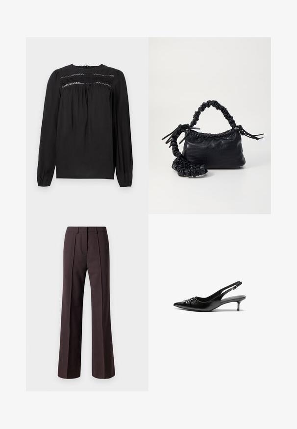 Zwarte blouse met lange mouwen en ronde halslijn, voorzien van smockdetails en geplooide stof bij de buste en mouwen. Glad textuur.; Wijdere broek in donkerbruine stof met een tailormade ontwerp, voorzien van voorplooien en een soepele textuur, geschikt voor formele gelegenheden.; Zwarte leren slingback hakken met een spitse neus, kleine kittenhak en een decoratieve knoopdetail aan de voorkant. Smooth textuur overal.; Zwarte nepleer handtas met een krokodillenstructuur, opgedroogde bovenkant en een gekreukte hengsel. Het lijkt zacht en compact van ontwerp.