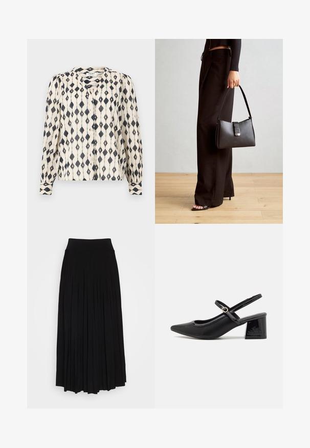 Blouse à manches longues en crème avec un motif en diamants noirs, présentant un devant à boutons et un col rond. Tissu doux et léger.; Jupe plissée noire avec une taille haute et extensible. Fabriquée en tissu doux, elle présente des plis verticaux pour une silhouette fluide.; Escarpins slingback en cuir verni noir avec un embout pointu, un design à découpes arrondies et un talon carré. Présente un accent de boucle en ton doré.; Sac à main noir à la forme structurée, texture lisse et fermoir métallique. Associé à un pantalon noir ample et des sandales ouvertes sur un sol en bois.