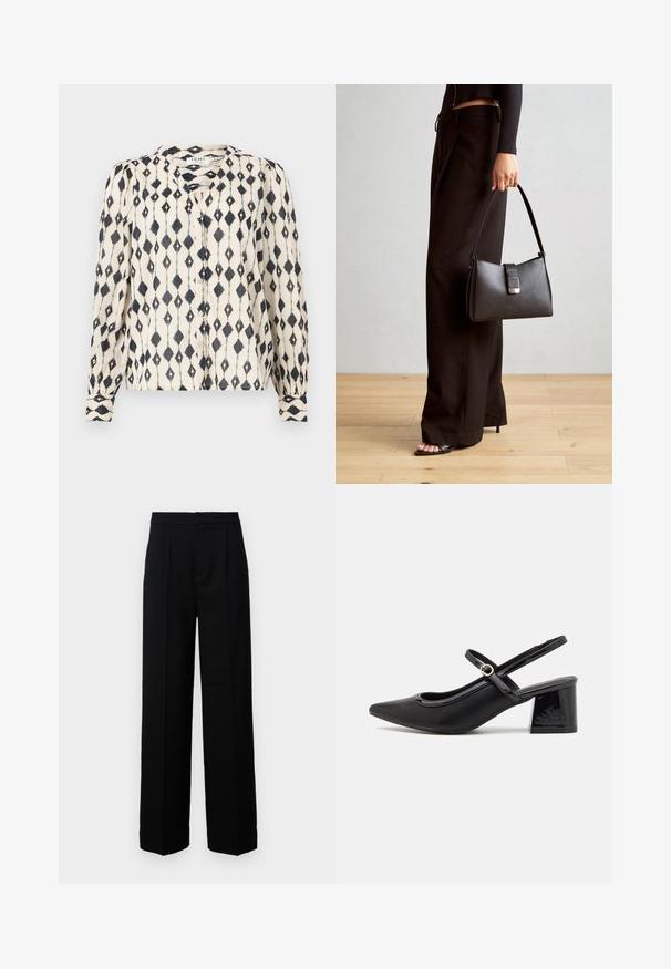 Bluza dugih rukava u krem boji s crnim dijamantnim uzorkom, s gumbima sprijeda i okruglim izrezom. Mekana, lagana tkanina.; Crne hlače širokih nogavica s glatkom teksturom, s ravnim prednjim dijelom, nabranim detaljima i krojenim pojasom. Nema vidljivih metalnih dijelova ili uzoraka.; Crne lakirane slingback visoke potpetice s šiljastim vrhom, zaobljenim izrezom i blok potpeticom. Sadrži akcent zlatnog tona s kopčom.; Crna torba s oblikom koji sadrži strukturu, glađu teksturu i metalnu kopču. Uparena s širokim crnim hlačama i sandalama na otvorenom s drvenog poda.