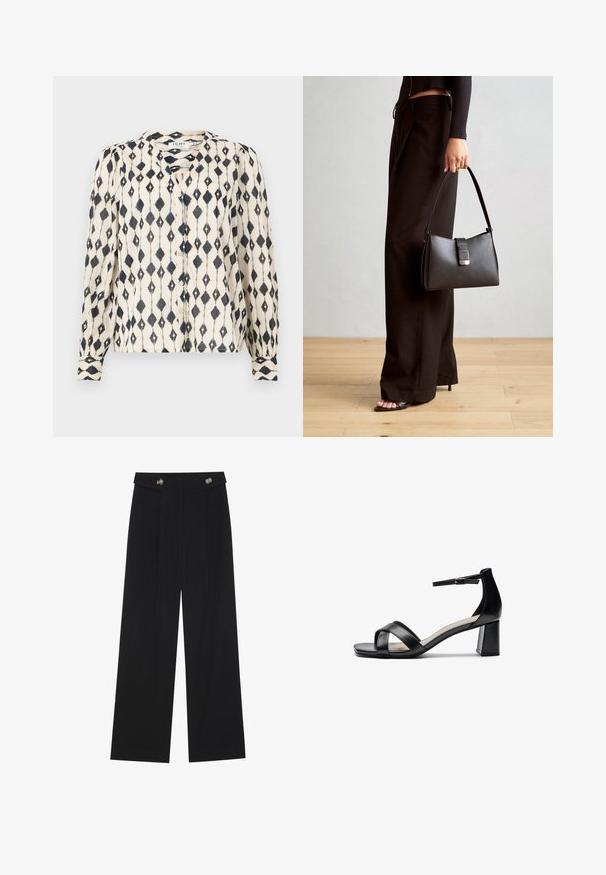 Long-sleeve blouse in cream with black diamond pattern, featuring a button-down front and a round neckline. Soft, lightweight fabric.; Black wide-leg trousers with high waist, button details on waistband, and front pleats.; Black open-toe heeled sandal with crossed straps, adjustable ankle strap, and a chunky heel, featuring a smooth leather texture.; Black handbag with structured shape, smooth texture, and a metallic clasp. Paired with wide black pants and open-toe sandals on wooden floor.