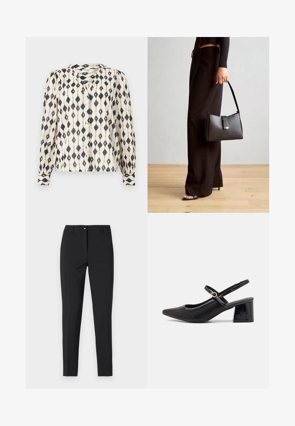 Long-sleeve blouse in cream with black diamond pattern, featuring a button-down front and a round neckline. Soft, lightweight fabric.; Black fitted trousers in smooth fabric, featuring a classic waistband, front zipper, and side pockets with a sleek, tailored design.; Black patent leather slingback heels with a pointed toe, a rounded cutout design, and a block heel. Features a gold-tone buckle accent.; Black handbag with structured shape, smooth texture, and a metallic clasp. Paired with wide black pants and open-toe sandals on wooden floor.