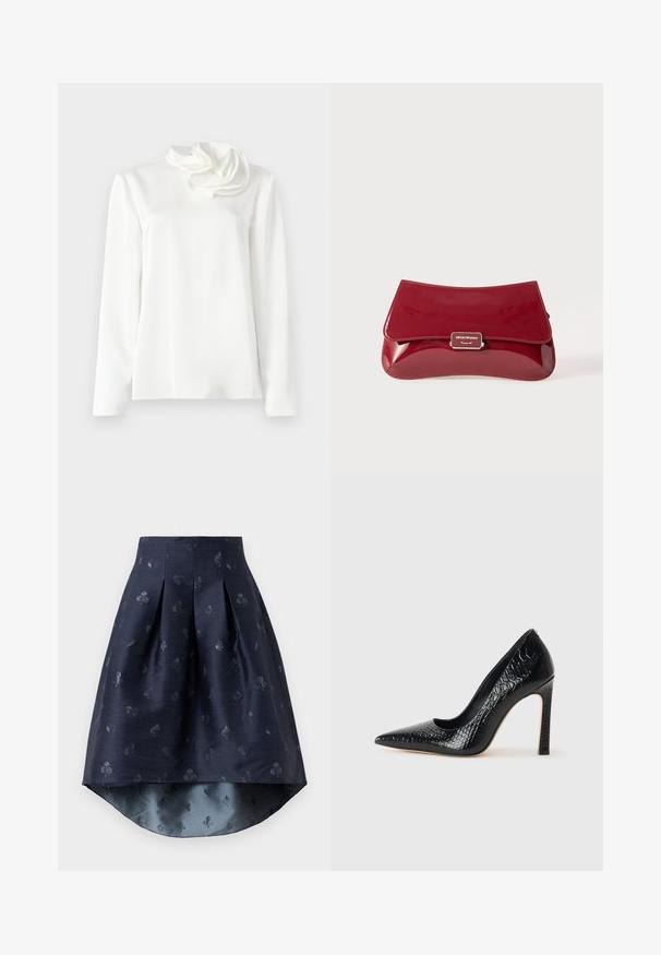White long-sleeve blouse with a high neck and a large fabric flower detail on the left shoulder against a plain background.; Navy blue high-low skirt with pleats and subtle playing card suits pattern in a slightly shiny fabric.; Black pointed-toe high heel shoe with a crocodile-skin texture, featuring a sleek design, high stiletto heel, and smooth black interior.; Red patent leather clutch bag with a curved design, fold-over flap, and a metal logo accent on a silver plaque. Smooth, shiny texture.