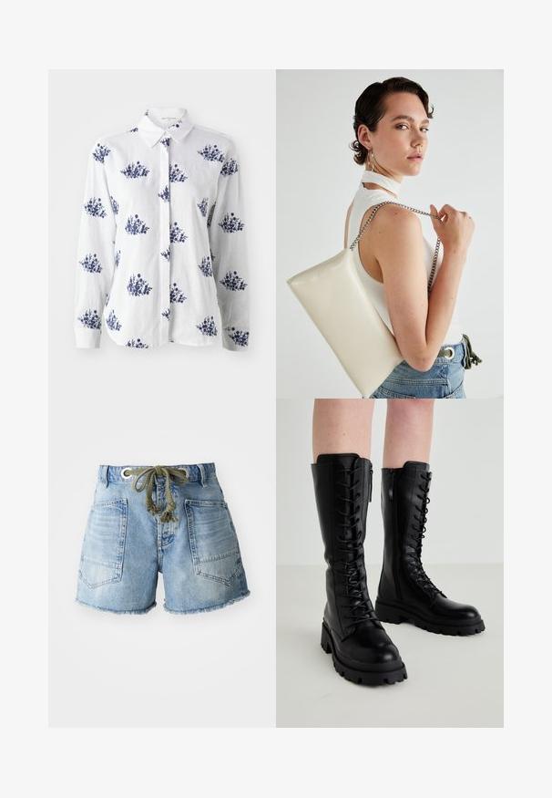 Valge linane särk, millel on sinine lilleline print, nööbiga esiosa ja klassikaline kaelus, pikkade varrukate ning mansetiga randmed.; Valge ilma varrukateta topp kõrge kaelusega, longus kangas ja pikk küljeSide. Sile tekstuur ja fit silhouette.; Heledad teksat lühikesed püksid helesinisel värvil, katkise servaga. Omavad kahte tagakotti ja säädettavat paela hõbedaste augudega mugavuse tagamiseks.; Mustast nahast kuni põlveni ulatuvad saapad, millel on nööridega ette side, külgzipper, jäme kummist tald ja tekstureeritud detailid peal.; Valge ristkülikuline kotti, mis on valmistatud läikivast materjalist, hõbedase ahelsangaga. Mudel poseerib, tutvustades kotti ühtlase taustaga.