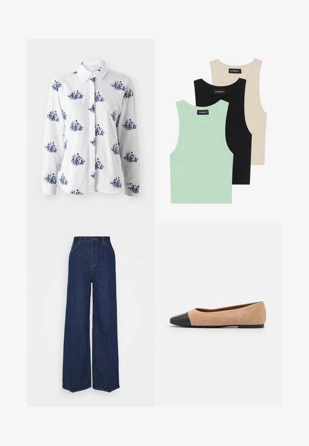 Witte linnen blouse met een blauwe bloemenprint, knoopsluiting aan de voorkant, en een klassieke kraag met lange mouwen en manchetten.; Drie tanktops in mintgroen, zwart en beige; gemaakt van ribbelstof met een ronde halslijn en zonder mouwen. Merkenlabel zichtbaar.; Hoge taille wijdvallende donkerblauwe denim jeans met voor- en achterzakken, knoopsluiting en zichtbare stikseldetails.; Beige suède ballet flats met een zwarte leren ronde neuskap, lage hak en een gladde textuur, met minimale stiksels en een schone uitstraling.