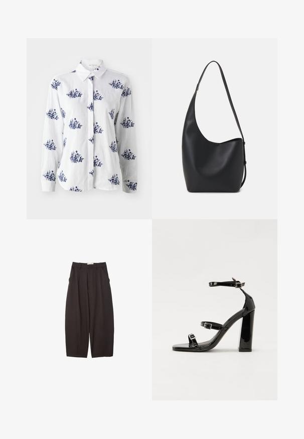 Bílá lněná košile s modro květinovým potiskem, zapínání na knoflíky, klasický límeček, dlouhé rukávy a manžety.; Černé široké kalhoty vyrobené z hladkého materiálu, s vysokým pasem, předními sklady a bočními kapsami. Jednoduchý design bez ozdob.; Černé lakované sandály na podpatku se čtveratou špičkou, lýtkovými pásky a stříbrnými přezkami. Disponují masivním blokovým podpatkem pro stabilitu.; Černá kožená hobo taška s hladkým povrchem, zakřiveným tvarem a jedním nastavitelným popruhem; má široké otevírání nahoře.