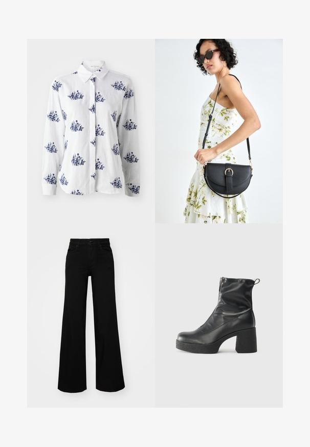 Valge linane särk, millel on sinine lilleline print, nööbiga esiosa ja klassikaline kaelus, pikkade varrukate ning mansetiga randmed.; Mustad mustad püksid, mis on valmistatud denimist, struktuurse vöökohtade, vöökootidega ja esikottidega. Sile tekstuur klassikalise disainiga.; Mustad mustad ansapüksid, mis on valmistatud siledast nahast, külje zipperiga, paksu tekstuuriga kontsaga ja ümmarguse nina disainiga.; Mustmust mustraha kõverate joontega, eemaldatava rihmaga ja kuldsete detailidega. Kotil on klapp, millel on pandladetail.