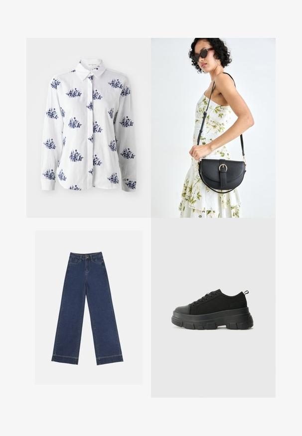 Weißes Leinenhemd mit blauem Blumenmuster, durchgehender Knopfleiste und klassischem Kragen, langen Ärmeln und geknöpften Handgelenken.; Weite Jeans in dunkelblauem Denim. Verfügt über fünf Taschen, Gürtelschlaufen und einen rohen Saum am unteren Ende mit sichtbaren Nahtdetails.; Schwarze Sneakers mit einer dicken Gummisohle, strukturiertem Obermaterial, runder Zehenpartie und Schnürdesign. Verfügt über verstärkte Ösen und eine Schlaufe an der Rückseite.; Schwarze Lederhandtasche mit geschwungener Form, abnehmbarem Tragegurt und goldenen Beschlägen. Die Tasche verfügt über einen Deckel mit einer Schnallen-Details.