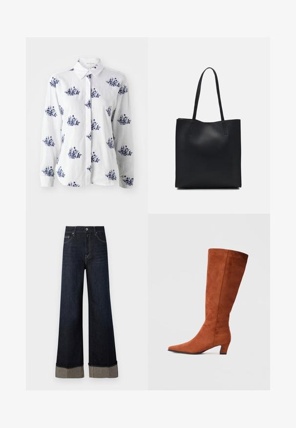 Camicia di lino bianca con stampa floreale blu, chiusura a bottoni davanti, colletto classico, maniche lunghe e polsini con bottone.; Jeans a vita alta di un blu scuro, a gamba larga, con orlo grezzo, dotati di cuciture marrone chiaro e risvolto che rivela un tessuto contrastante.; Stivale marrone in suede alto fino al ginocchio con punta affusolata e tacco a blocco piccolo, caratterizzato da una superficie liscia e un design minimalista.; Borsa tote in pelle nera con texture liscia, forma rettangolare e due manici lunghi. Nessun hardware o decorazione visibile.