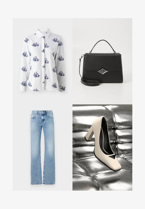 Witte linnen blouse met een blauwe bloemenprint, knoopsluiting aan de voorkant, en een klassieke kraag met lange mouwen en manchetten.; Lichtblauwe high-waist denim jeans met lichte vervaging, sluiting met een frontknop en rits, en een vijf-pocket ontwerp, met een rechte pijp.; Romantische crèmekleurige leren pumps met een vierkante neus, voorzien van een zwarte driehoekige accent en een stevige hak op een metallic zilveren oppervlak.; Zwarte synthetische handtas met een gestructureerd ontwerp, bovenhandvat, afneembare schouderriem en zilveren diamantvormig logo aan de voorkant.