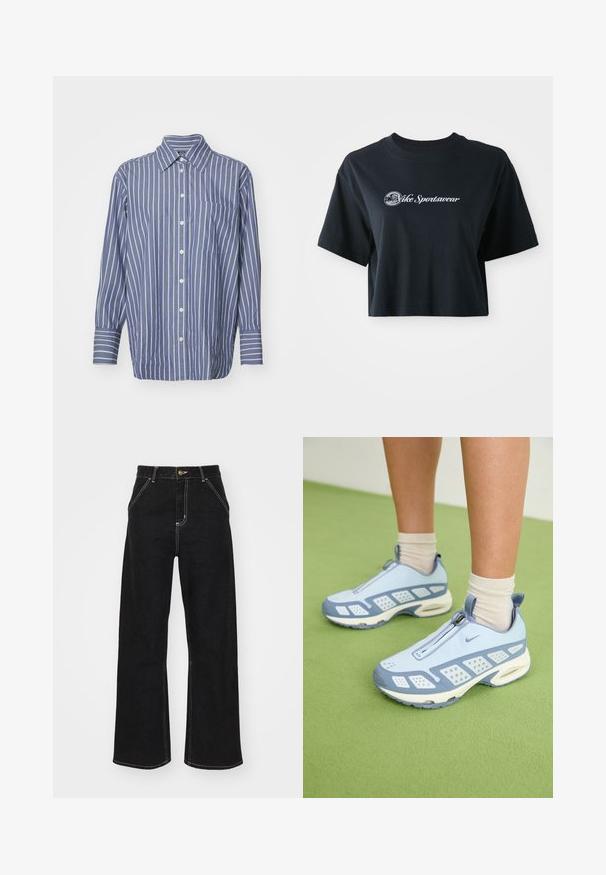 GAP BIG STRIPES BIG CUFF BIG COLLAR - Button-down blouse - blue; Cropped black cotton t-shirt with short sleeves, featuring white text "Vice Sportswear" and a circular graphic on the front.; Black wide-leg jeans made of denim, featuring contrasting white stitching and a front button closure, with two angled front pockets.; Light blue athletic shoes with white accents, textured panels, and a zip closure. Features a visible air cushioning sole and rubber outsole.