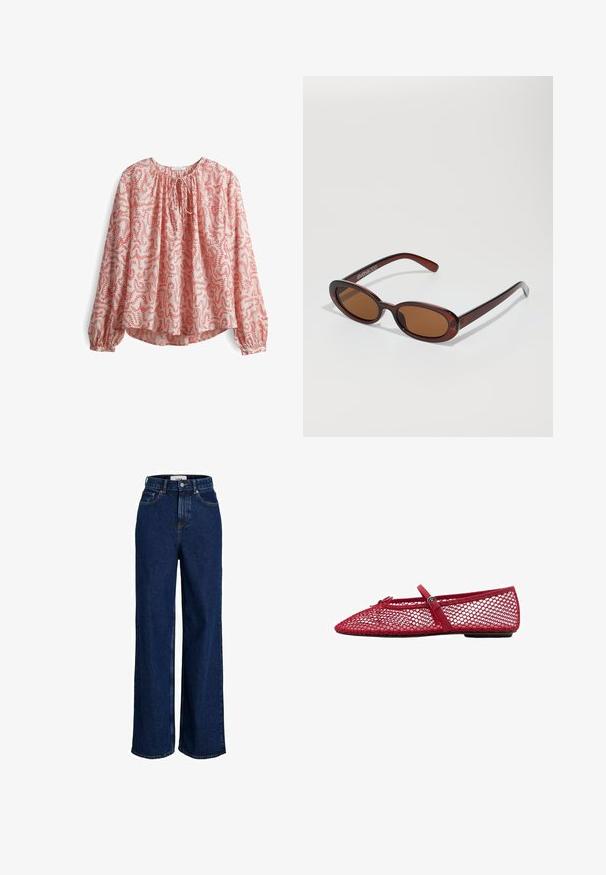 Blusa a maniche lunghe in tessuto rosa chiaro con motivo floreale rosso, caratterizzata da un colletto arricciato e dettaglio con fiocco, e polsini elasticizzati.; Jeans in denim scuro a vita alta, con gamba ampia, bottone frontale e design a cinque tasche.; Ballerine in rete rossa con punta affusolata, dotate di una sottile cinghia e dettaglio a fibbia. La parte superiore presenta un motivo aperto a nido d'ape.; Occhiali da sole rotondi con tonalità marrone, montatura lucida color bordeaux. Aste sottili con un sottile dettaglio del marchio. Design delle lenti piatte.