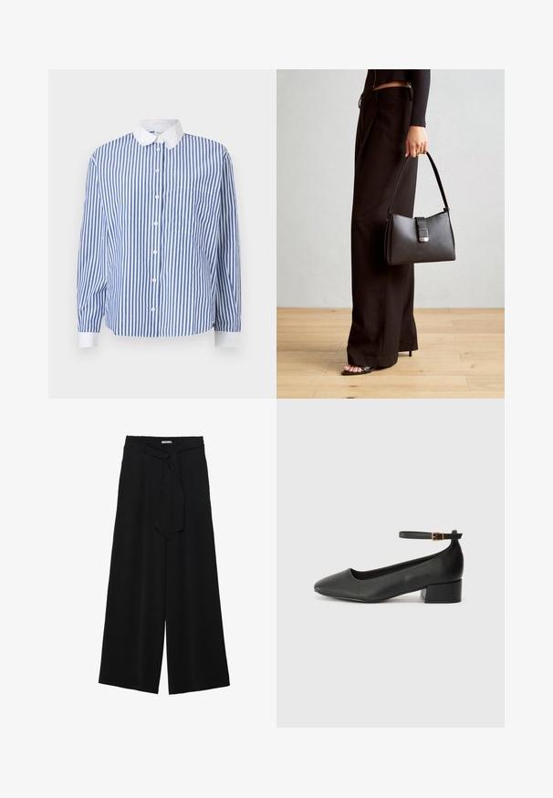 Mėlynas ir baltas juostuotas marškinėlių mygtukais su baltu apykakliu, ilgomis rankovėmis, kišene kairėje pusėje ir laisvu siluetu.; Juoda plačių kojų kelnės, pagamintos iš tekstūruoto audinio, su elastingu juosmeniu ir atsegamu diržu juosmenyje, leidžiančiu reguliuoti dydį.; Juodas odinis aukštakulnis batelis su smailiu pirštu ir žemu bloku. Su kulkšnies dirželiu su auksinės spalvos sagtimi. Lygus paviršius.; Juodas rankinė struktūrizuota forma, lygi tekstūra ir metalinis užsegimas. Suporuota su plačiomis juodomis kelnėmis ir atvirais bateliais ant medinių grindų.