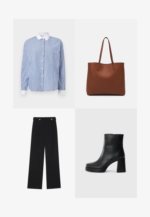 Cămașă în dungi albastre și albe, cu guler alb, mâneci lungi, buzunar pe partea stângă și o croială lejeră.; Pantaloni negri cu picioare largi, talie înaltă, detalii cu butoane pe talie și pliseuri în față.; Botină din piele neagră, cu toc pătrat și talpă platformă, văzută din lateral pe un fundal alb simplu.; Geantă de umăr din piele maro cu o textură netedă, design cu vârf deschis și două curele pentru umăr. Prezintă cusături minime și fără componente metalice vizibile.