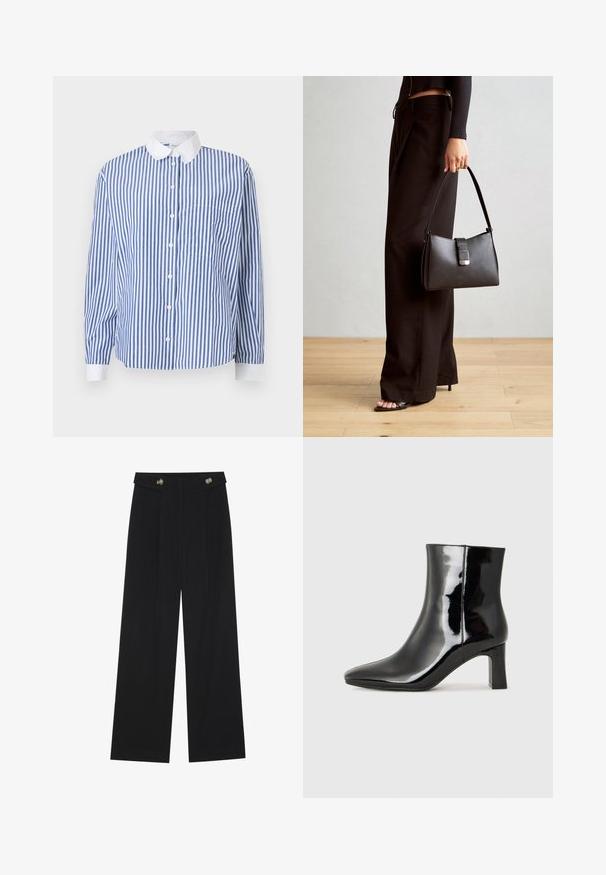 Camisa de botones a rayas azules y blancas con cuello blanco, mangas largas, bolsillo en el lado izquierdo y un corte relajado.; Pantalones de pierna ancha negros con cintura alta, detalles de botones en la cinturilla y pliegues en la parte delantera.; Botín de charol negro con punta afilada y un tacón de bloque de altura media. Textura suave y diseño minimalista.; Bolso negro con forma estructurada, textura suave y un cierre metálico. Combinado con pantalones anchos negros y sandalias de dedo en un suelo de madera.