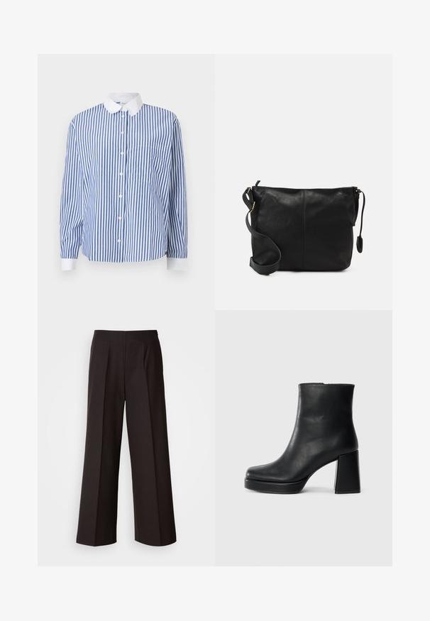 Camisa de botones a rayas azules y blancas con cuello blanco, mangas largas, bolsillo en el lado izquierdo y un corte relajado.; Pantalones de pierna ancha negros con un frente plano, pliegues y una textura de tela suave. Presentan una cintura alta y un corte ajustado para un ajuste estructurado.; Botín de cuero negro con tacón cuadrado y suela de plataforma, visto de lado sobre un fondo blanco liso.; Bolso cruzado de cuero negro con forma plana, acentos de hardware dorado y correa ajustable. Textura suave con detalles de costura mínimos.
