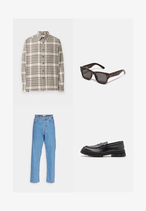 Checkered button-up shirt in beige and gray with blue buttons. Features long sleeves, collar, and a relaxed fit. Made of soft fabric.; Light blue high-waist straight-leg jeans with front button, zipper closure, belt loops, and five-pocket design on white background.; Black leather loafers with a smooth finish, featuring a front strap detail and a chunky rubber sole with grooved accents.; Tortoiseshell sunglasses with dark lenses, square frame, and silver accent studs on the front. Made of plastic, lightweight and durable.