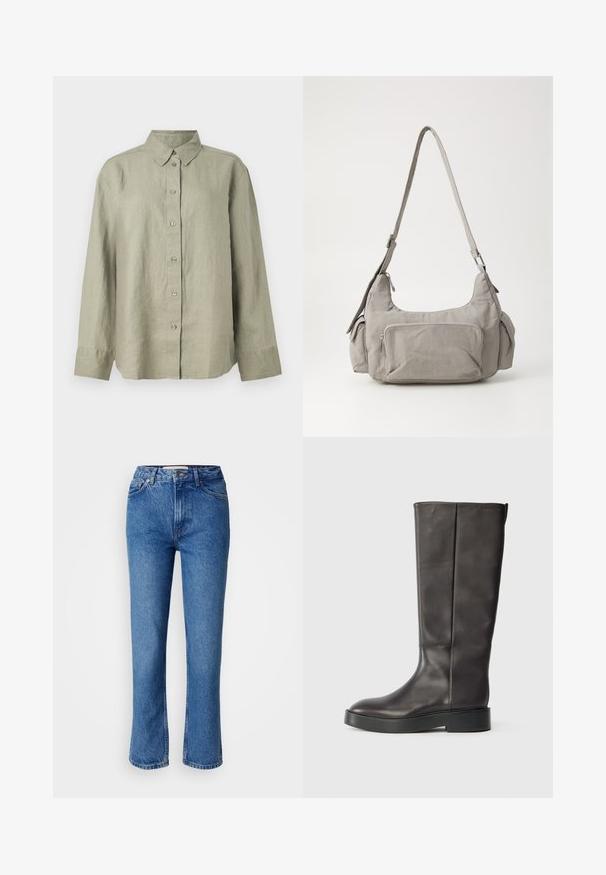 Hele roheline linane särk, millel on krae, pikad varrukad ja kuue nupuga ettevaatlik. Pehme tekstuur ja lõdvestunud lõige.; Sinine denimist valmistatud sirge lõikega teksad, millel on klassikaline viie taskuga disain, oranž õmblus ja nupuga sulgemine.; Must muste kõrgusse ulatuv must nahast saapad paksu tallaga ja diskreetse Calvin Kleini logoga ülaääres, nähtud külgedelt.; Hallidehall kott, millel on kaks külge taskut, ees tõmblukuga tasku ja lai reguleeritav rihm. Lihtne ja funktsionaalne disain.