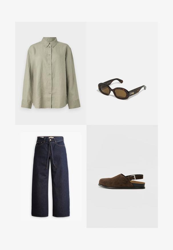 Svetlozelená ľanová košeľa na gombíky s golierom, dlhými rukávmi a predným matným zapínaním na šesť gombíkov. Mäkka textúra a voľný strih.; Široké tmavomodré denimové džínsy s vysokým pásom, so šnúrkou na sťahovanie, piatimi vreckami a kontrastným prešívaním.; Hnedé semišové slip-on topánky s nízkym opätkom, nastaviteľným remienkom so striebornou sponou a čiernou gumovou podrážkou.; Korytnačkové slnečné okuliare s oválnymi rámami, hnedými tónovanými šošovkami a značkovaním "Chloé" na rámiku. Hladký plastový materiál s lesklým povrchom.