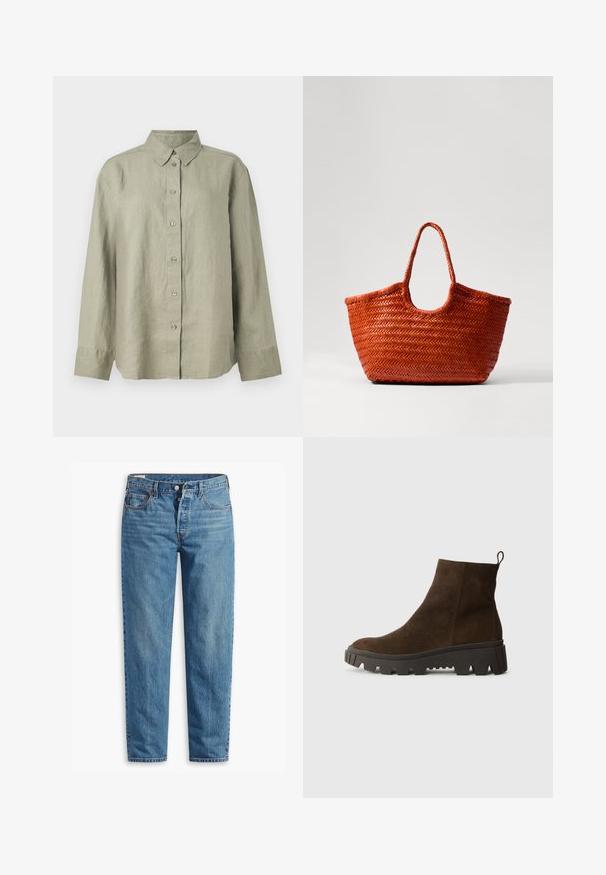 Lys grøn linned skjorte med knaplukning, krave, lange ærmer og frontplade med seks knapper. Blød tekstur og afslappet pasform.; Blå denimjeans med lige ben, der har lynlås i gylpen, to forlommer og subtil falming over stoffet.; Brun ruskindsankelstøvle med en kraftig sort gummisål, der har en let hæl og en slip-in hækling for nem påklædning.; DRAGON DIFFUSION NANTUCKET BASKET BIG - Håndtasker - naranja